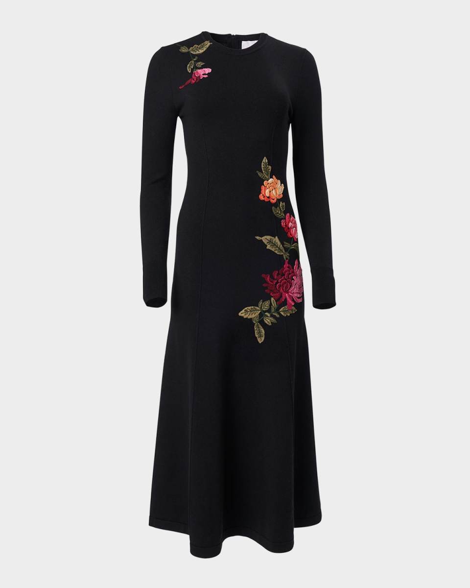 Floral Embroidered Long-Sleeve Midi Dress